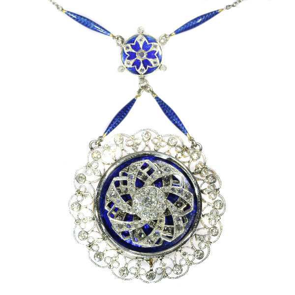 Truly hypnotizing Edwardian mechanical pendant with diamonds and enamel on chain